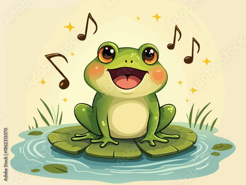 Whimsical Vector Doodle of a Singing Frog on a Lily Pad with Autumnal Colors