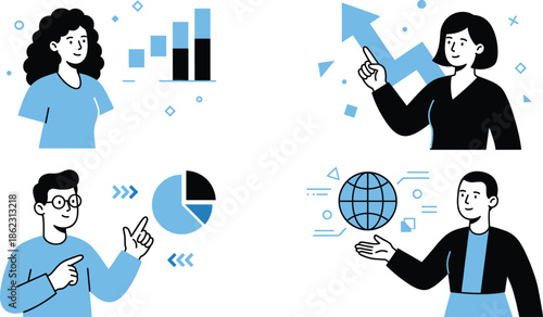 Business analytics teamwork illustration showing professionals presenting growth charts global data statistics insights strategy collaboration and performance improvement concepts