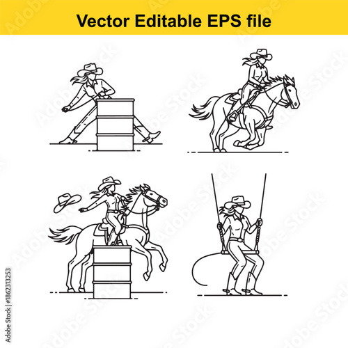  vector illustrations of cowboys and horses in various western themed poses and actions isolated on white background