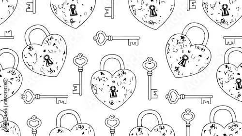 Doodle illustration of seamless pattern with vintage heartshaped padlocks and keys, romantic background valentine