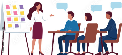 Business brainstorming meeting illustration showing professional team discussing ideas, project planning, strategy development, collaboration, and effective workplace communication culture success