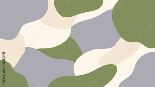Abstract camouflage pattern, organic fluid shapes, muted green beige gray tones, terrain concealment texture, flat vector illustration design