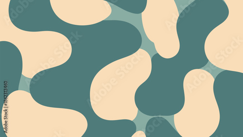 Abstract camouflage pattern, organic flowing shapes, muted teal beige tones, natural concealment texture, aesthetic terrain design, flat vector illustration