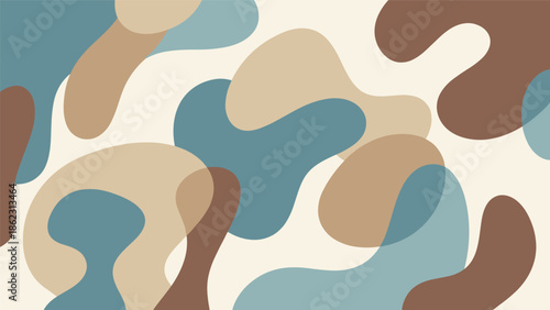 Abstract camouflage pattern, organic interlocking shapes, brown beige blue tones, fluid terrain texture, nature-inspired design, flat vector illustration