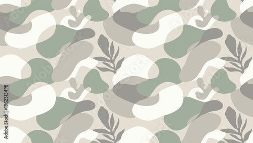 Abstract camouflage pattern, organic shapes with leaf motifs, muted green beige white gray tones, nature-inspired texture, flat vector illustration