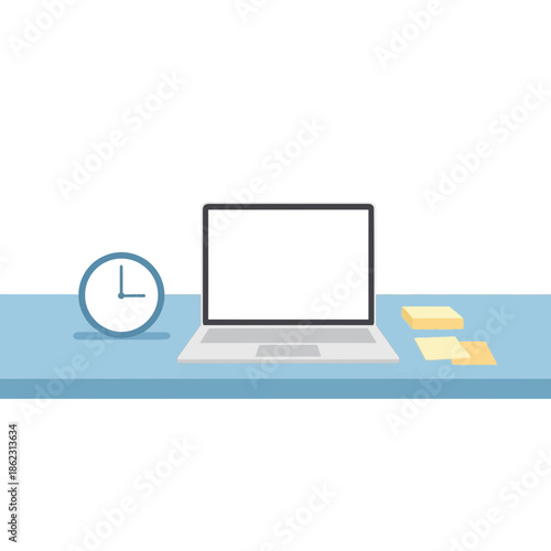 Desk with laptop clock and sticky notes against blue background.