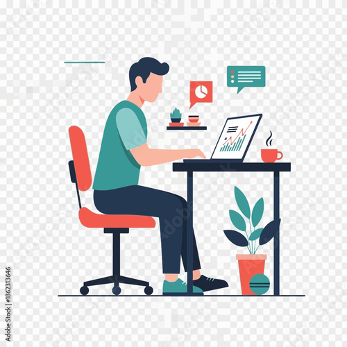 Man sitting at desk working on laptop in a modern office.