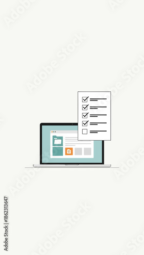 Laptop displaying charts and data with a paper document.