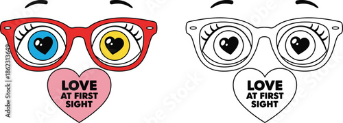 Love At First Sight Cartoon Eyes with Heart Shaped Pupils and Red Glasses Valentines Day Concept