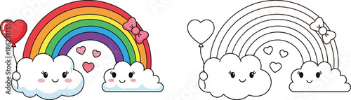 Cute Kawaii Rainbow with Smiling Clouds Heart Balloon and Bow Whimsical and Loving Illustration
