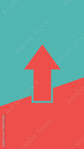 Red arrow pointing up against teal and red background.