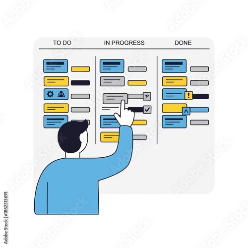 Person points at a kanban board with tasks and progress.