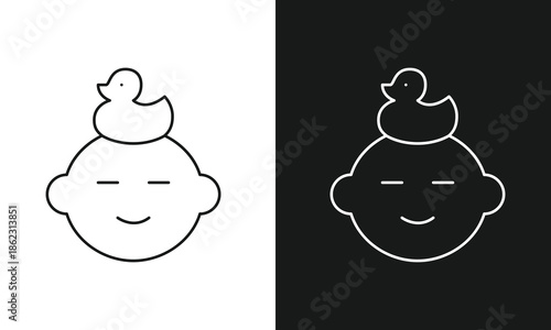 Baby Bath Time and Head Protection Icon, Minimalist Line Art Vector for Infant Hygiene, Newborn Grooming Safety, Toddler Washing Routine, and Rubber Duck Toy Symbol