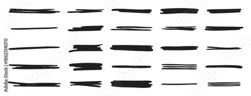 Black underline stroke set. Hand drawn highlight lines. Bold marker strokes for text emphasis design