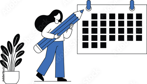 Calendar scheduling illustration showing woman holding pencil marking dates for project planning deadline management time organization productivity concept design