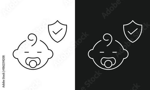 Infant Verified Safety and Security Protection Icon, Minimalist Line Art Vector for Baby Product Certification, Secure Parenting Apps, Pediatric Health Verification, and Nursery Safety Awareness.