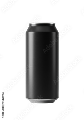 Sleek, pristine matte black aluminum beverage can, 16oz, isolated on a transparent seamless studio background with subtle rim lighting; concept for minimalist packaging design