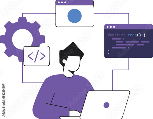 Creative software developer working on coding, system configuration, user interface design, and application development workflow using modern technology tools