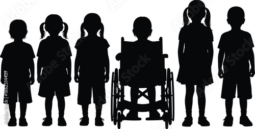 Children silhouette group including boys girls and wheelchair kid standing together isolated on white background flat vector illustration