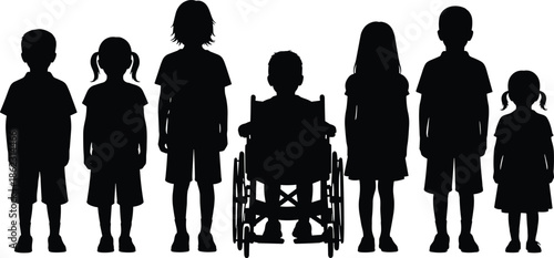 Children silhouette lineup including wheelchair child representing diversity inclusion equality disability awareness in black and white vector illustration