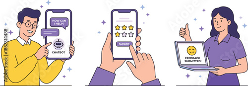 Customer feedback chatbot illustration showing users rating service with star reviews submitting satisfaction surveys mobile app support experience interface design
