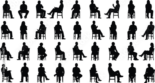 Collection of seated people silhouettes on chairs in various poses, men and women sitting positions isolated on white background