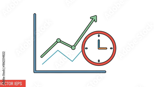 Growing graph with clock indicating progress over time.