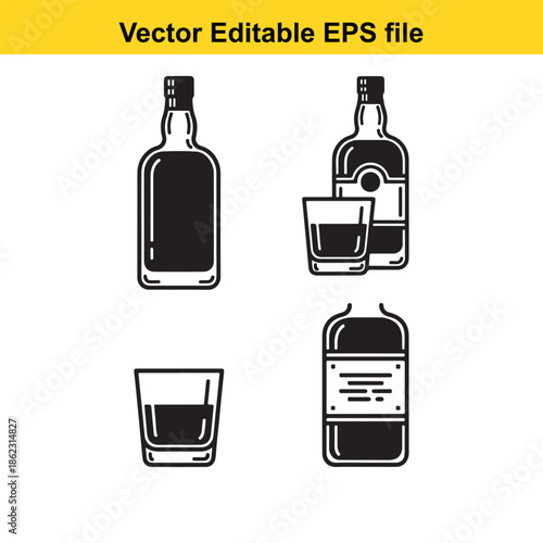  set of vector icons depicting whiskey bottles and glasses in black on a white background