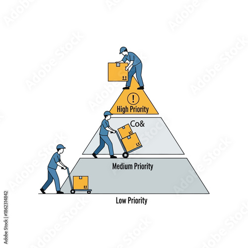 Pyramid diagram shows people moving boxes up levels.