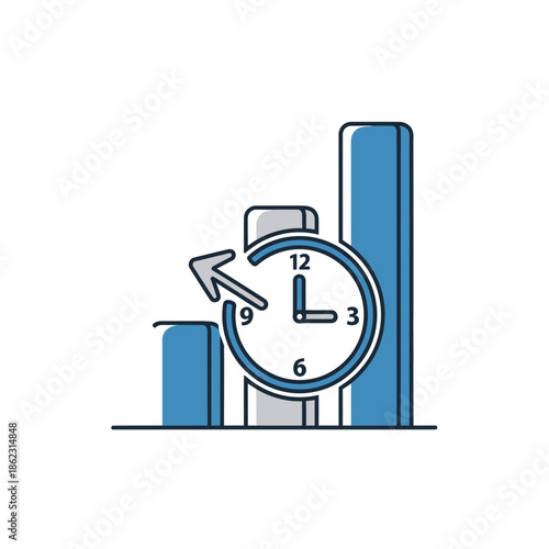 Bar chart with clock and arrow indicating progress and time.