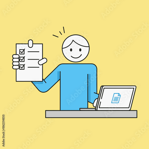 Person holding checklist near laptop with lock icon.