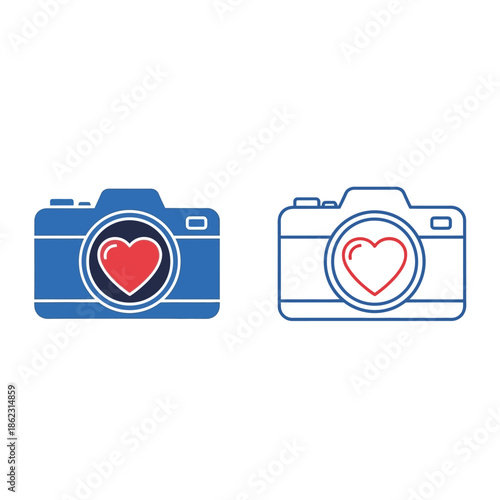 Two minimalist camera icons, one solid blue and one outline, both featuring a red heart in the lens, symbolizing love for photography.