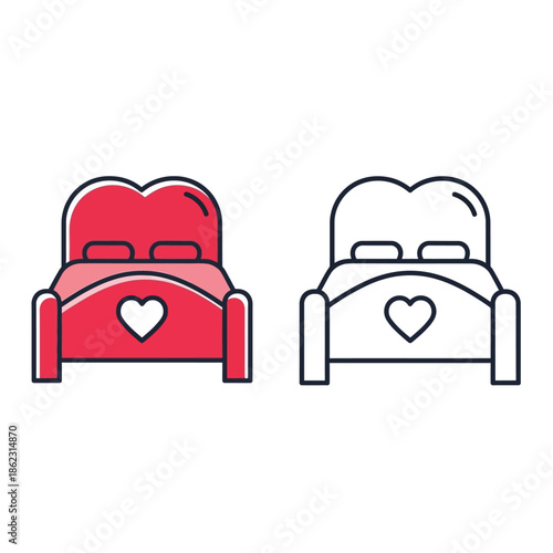 Two beds with heart-shaped headboards and footboards, one colored red and pink, the other an outline, representing love and romance.