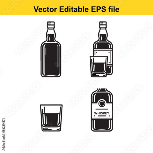  vector illustration of whiskey bottles and glasses isolated on white background