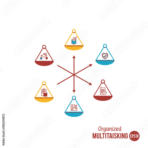 Abstract hexagonal arrangement of colorful geometric shapes and arrows.