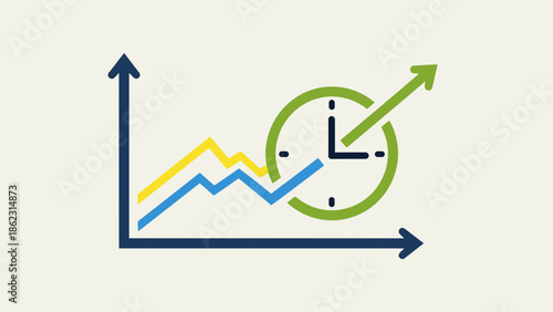 Graph showing upward trend with clock and arrow.