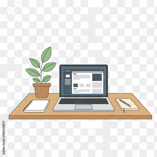 Laptop on a desk with a plant and notebook.