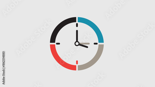 Clock face with colored segments and hands on gray background.