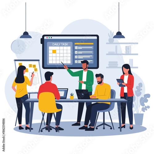 Team meeting in office with presentation on screen.