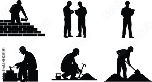 Construction worker silhouette set showing building, planning, digging, and manual labor activities, industrial workforce illustration isolated on white background