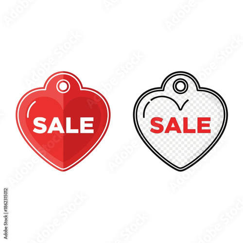 Two heart-shaped sale tags, one solid red and one outline with transparent background, both featuring "SALE" text.