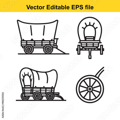  set of black line drawings of covered wagons and wheels on white background