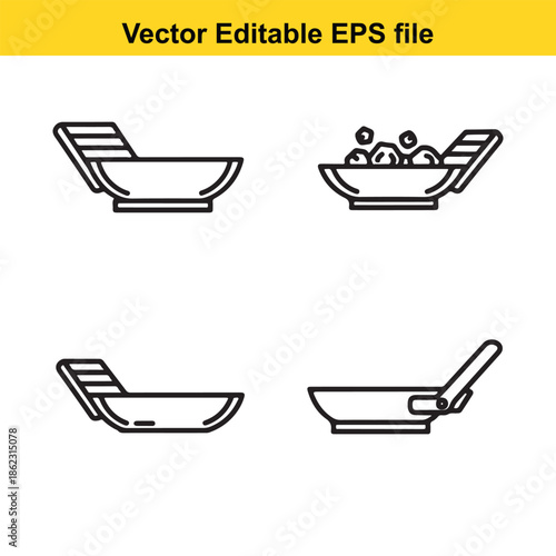 set of vector wheelbarrow and bowl icons in line art style for editing and design purposes