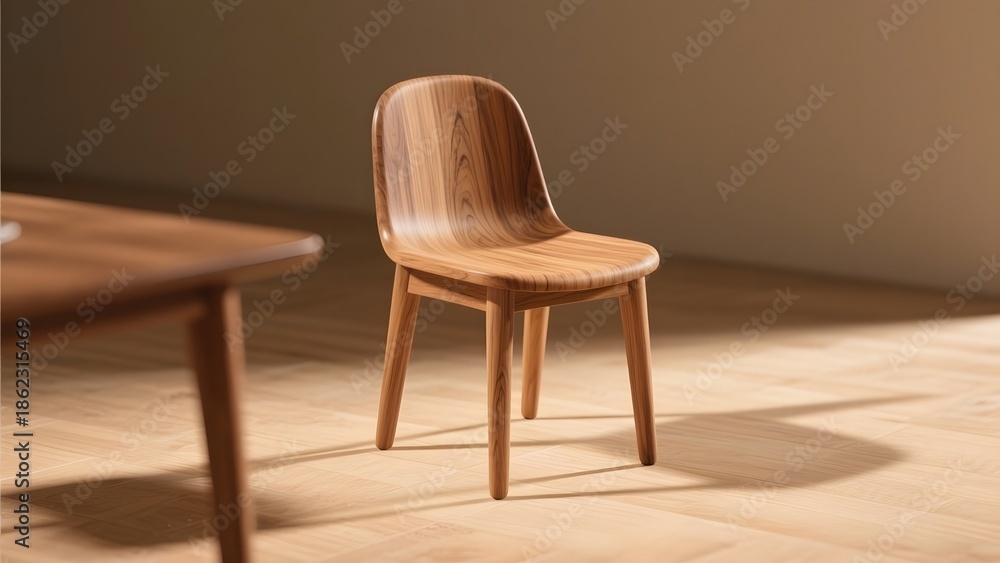 Obraz premium Modern wooden chair, minimalist design, natural grain. Comfortable, stylish seating for contemporary interiors, softly lit