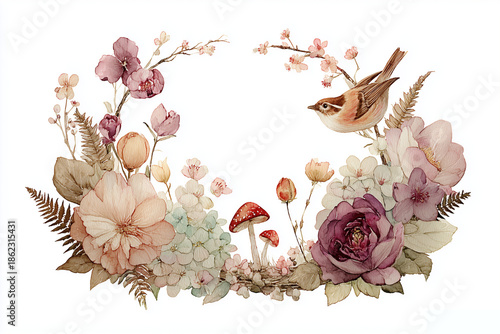 childrens book wreath branches wood texture flowers sparrow bird natural watercolor illustration