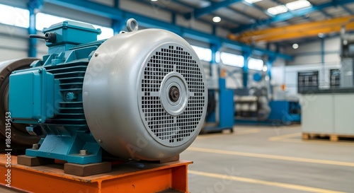 Industrial Electric Motor on Stand at Large Metal Processing Industry Warehouse