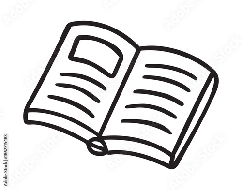 Open book doodle for reading and study, classic school planner icon, hand drawn Monochrome line art outline, clean contour style, hand drawn.