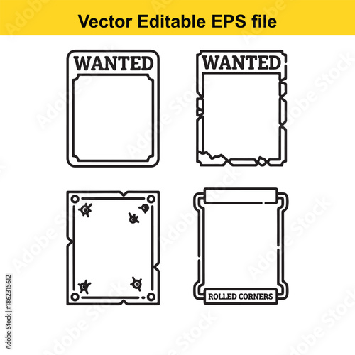  four wanted poster templates with different styles and border designs isolated on white background