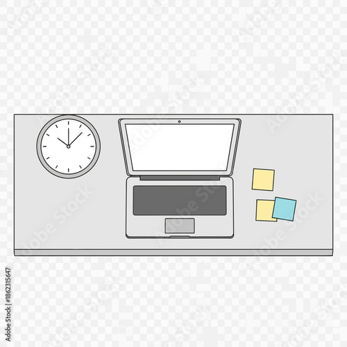 Top view of a desk with a laptop clock and sticky notes.