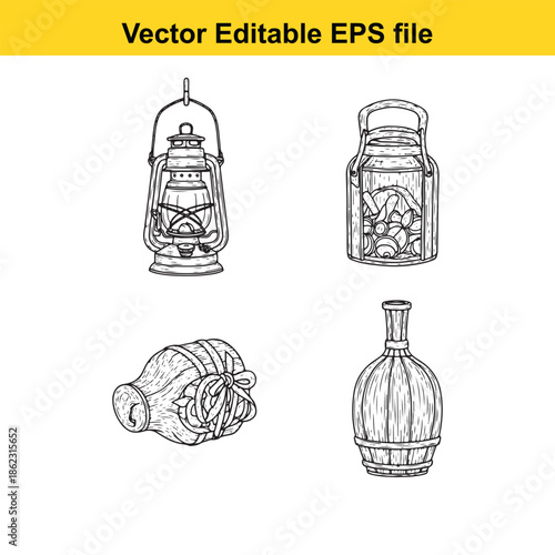  vector illustration of lanterns and vases in line art style isolated on white background